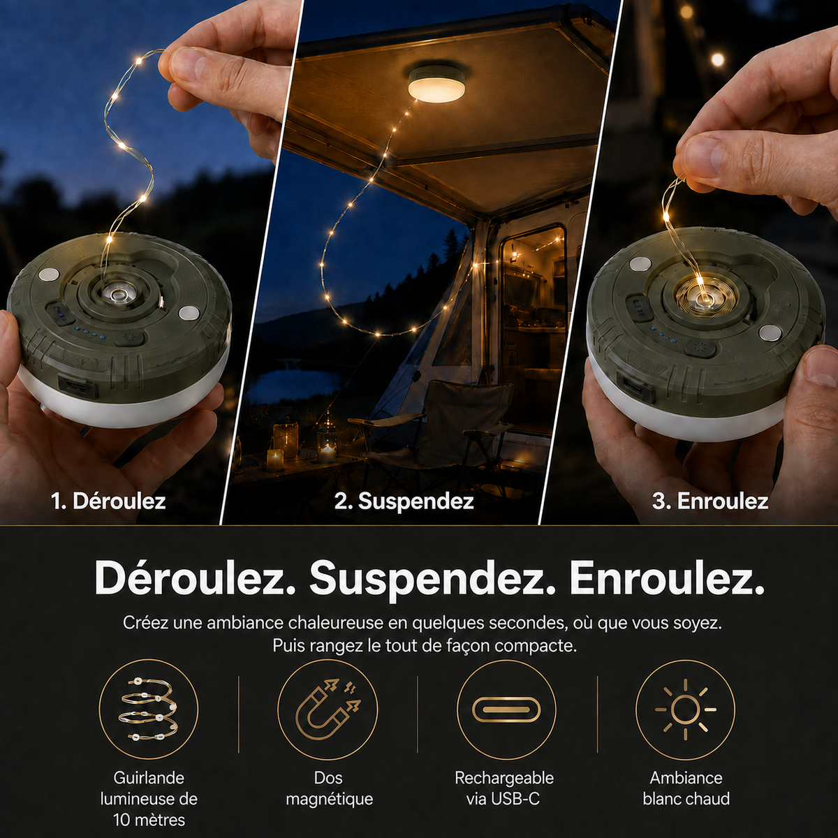 CampGlow Guirlande Lumineuse Rétractable