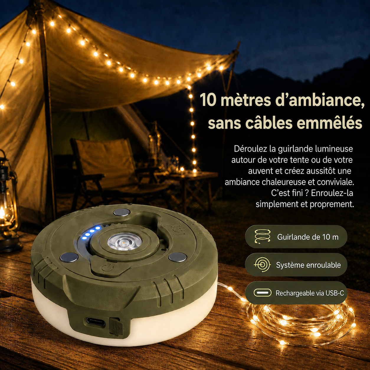 CampGlow Guirlande Lumineuse Rétractable